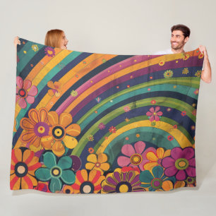 Couverture Polaire Hippie rétro : Arc-en-ciel et fleurs