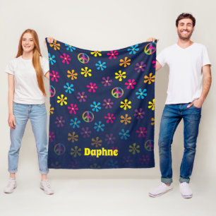 Couverture Polaire Hippie super Paix et Douche à Fleur Nom personnali