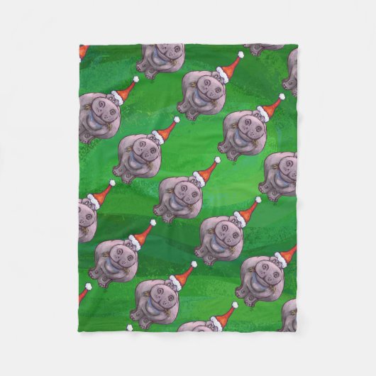 Couverture Polaire Hippo à Santa Hat Motif sur vert (Devant)
