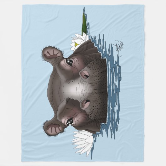 Couverture Polaire Hippopotame Lotus Blanc Bleu (Devant)