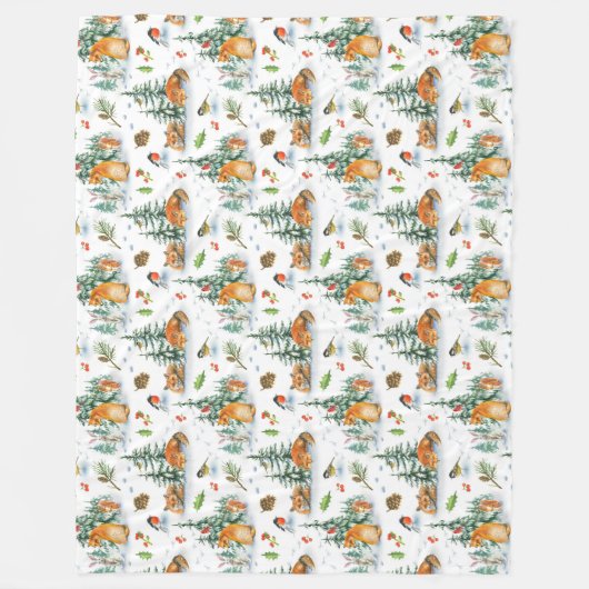Couverture Polaire Hiver Cosy Nature Fox Rabbit Oiseaux Pine Cônes (Devant)