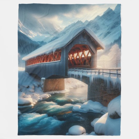 Couverture Polaire Hiver, pont enneigé et rivière (Devant)