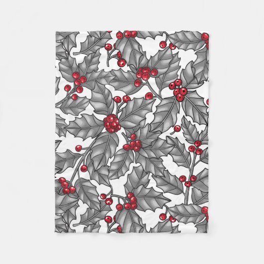 Couverture Polaire Holly berry, feuilles gris sur blanc (Devant)