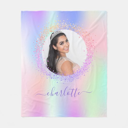 Couverture Polaire Holographe photo rose violet nom script (Devant)