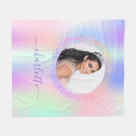 Couverture Polaire Holographe photo rose violet nom script (Devant (Horizontal))