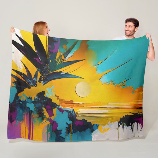 Couverture Polaire Horizon Doré – Coucher de Soleil Tropical Abstrait (En situation)