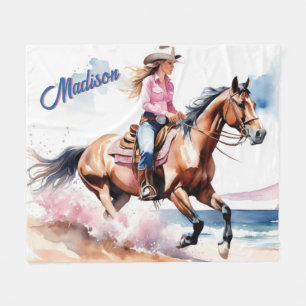 Couverture Polaire Horseback Cowgirl équitation sur la plage par Ocea