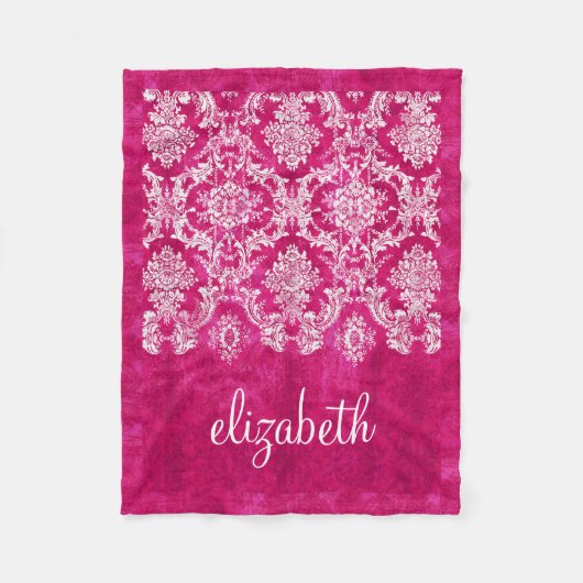 Couverture Polaire Hot Pink Grunge Damask Pattern Script Nom (Devant)