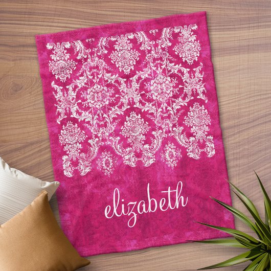 Couverture Polaire Hot Pink Grunge Damask Pattern Script Nom