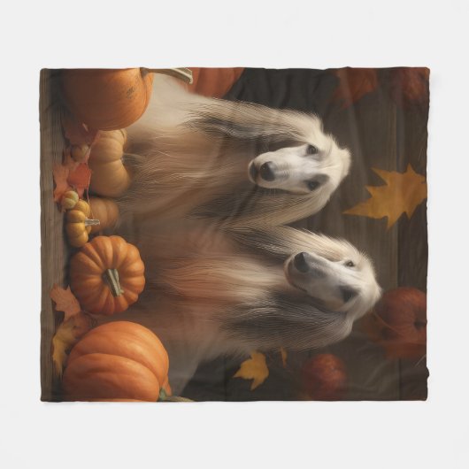Couverture Polaire hound afghan Chiot Automne Citrouille de plaisir (Devant (Horizontal))