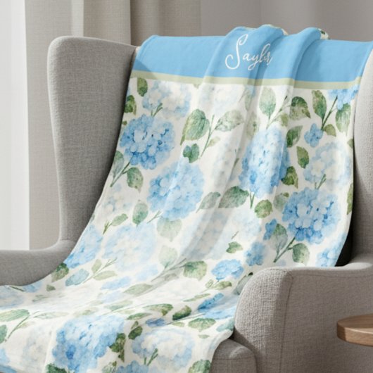 Couverture Polaire Hydrangea Floral Bleu Aquarelle Nom
