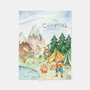 Couverture Polaire I Love Camping Bois Animaux Enfants Aquarelle