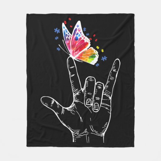 Couverture Polaire I Love You Hand Sign Language Butterfly Autism (Devant)