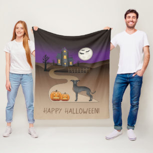 Couverture Polaire Iggy noir chien mignon et maison hantée Halloween