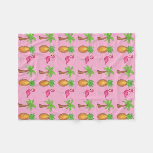 Couverture Polaire Ile tropicale Palm Tree Ananas Flamant rose rose (Devant (Horizontal))