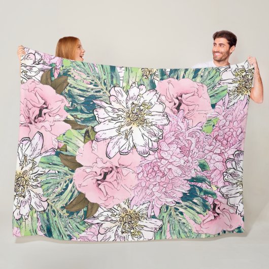 Couverture Polaire Illustration florale rose et blanche de mignonne f (En situation)
