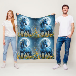 Couverture Polaire Imaginaire Bleu Magique Cheval Lune Fleurs,