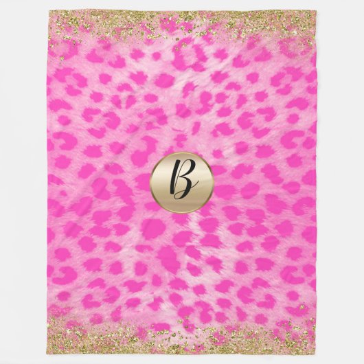 Couverture Polaire Imprimé léopard rose paillettes dorées monogramme (Devant)