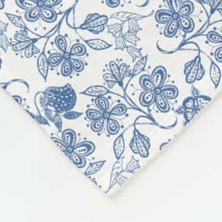 Couverture Polaire Indigo Blue Ethnic Floral Print Fleece Blanche