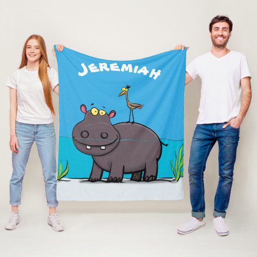 Couverture Polaire Ippopotame drôle mignon avec dessin animé d'oiseau (En situation)