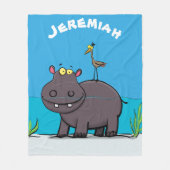 Couverture Polaire Ippopotame drôle mignon avec dessin animé d'oiseau (Devant)