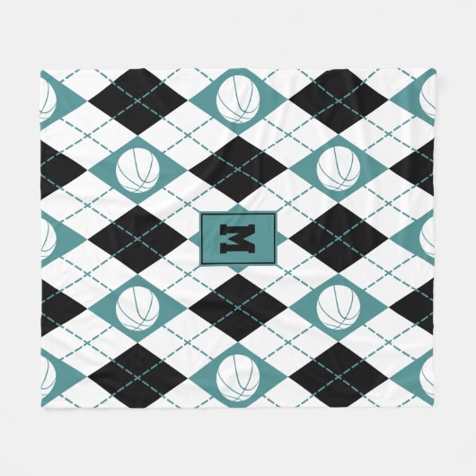 Couverture Polaire Jacquard à thème de basket noir blanc turquoise (Devant (Horizontal))