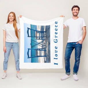 Couverture Polaire J'aime Grèce taverna photo bleu et blanc