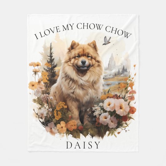 Couverture Polaire J'Aime Mon Chow Chow Portrait Floral Chien (Devant)