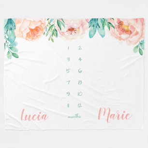 Couverture Polaire Jalon jumeau fille fille aquarelle fleurs pêche