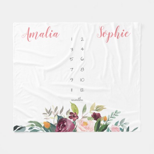 Couverture Polaire Jalon jumeau fille fille aquarelle fleurs rose (Devant (Horizontal))