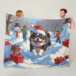 Couverture Polaire Japanese Chin courant dans la neige avec un chapea