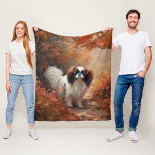 Couverture Polaire Japanese Chin dans les feuilles d'automne tombent 