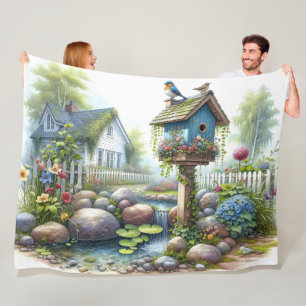 Couverture Polaire Jardin de maisonnette à l'aquarelle avec nichoir à