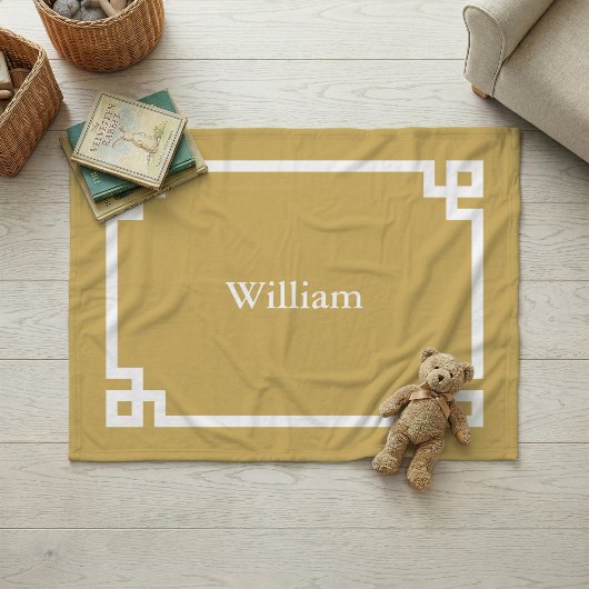 Couverture Polaire Jaune Moutarde et Clé Grecque Monogramme Blanc