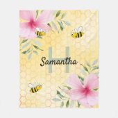 Couverture Polaire Jaune nid d'abeille rose fleuron nom monogramme (Devant)