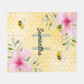 Couverture Polaire Jaune nid d'abeille rose fleuron nom monogramme (Devant (Horizontal))