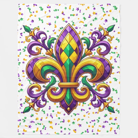 Couverture Polaire Jaune violet vert Mardi Gras fleur de lis (Devant)