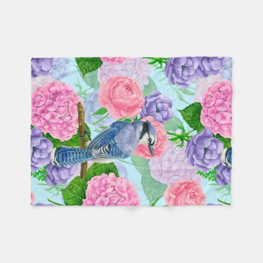 Couverture Polaire Jay bleu et fleurs motif aquarelle (Devant (Horizontal))