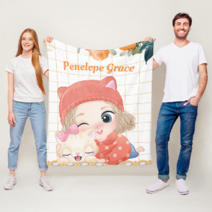 Couverture Polaire Jeune fille et chat Roses orange + Nom personnalis