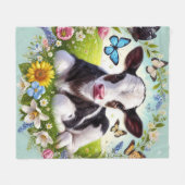 Couverture Polaire Jeune veau avec couronne de fleurs et papillons (Devant (Horizontal))