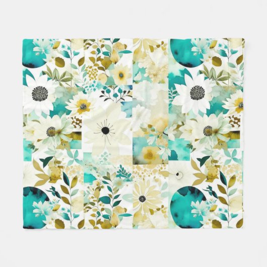 Couverture Polaire Joli Art folklorique Fleurs blanches et turquoise (Devant (Horizontal))