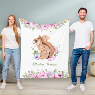 Couverture Polaire Joli écureuil floral rose de la forêt