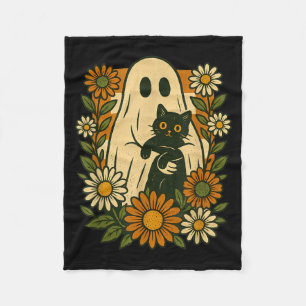 Couverture Polaire Joli fantôme tenant un chat noir floral groovy drô