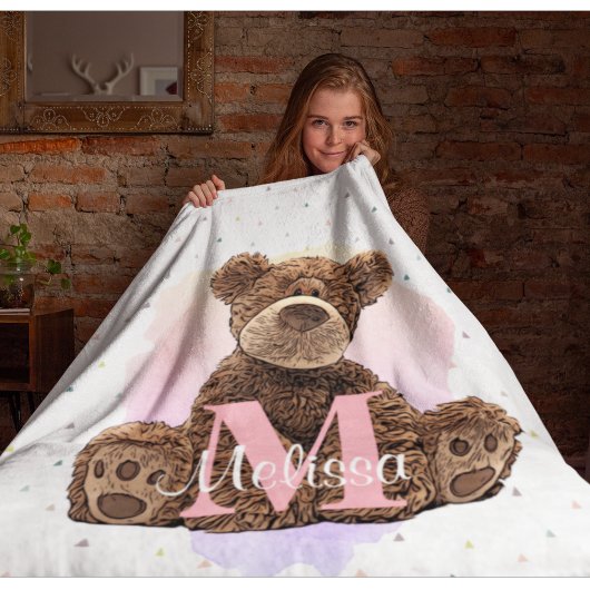 Couverture Polaire Joli Monogramme Enfants Nom Pink Teddy Bear