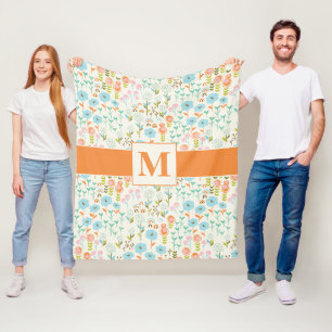Couverture Polaire Joli motif floral bleu orange rose Turquoise