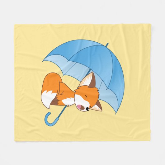 Couverture Polaire Joli Petit Renard dormant sous parapluie (Devant (Horizontal))
