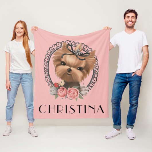 Couverture Polaire Joli Yorkie rose rosé rose chiot floral (En situation)