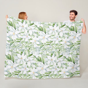 Couverture Polaire Jolie aquarelle Fleurs blanches Sage Vert Foliage