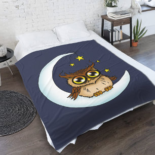Couverture Polaire Jolie chouette brune croissant lune étoiles bleues