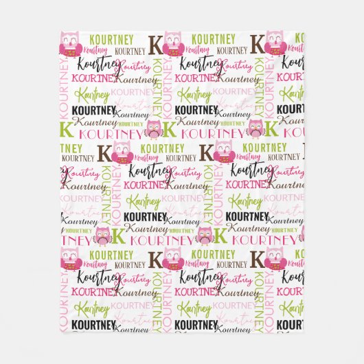 Couverture Polaire Jolie Chouette rose avec nom et collage Monogramme (Devant)